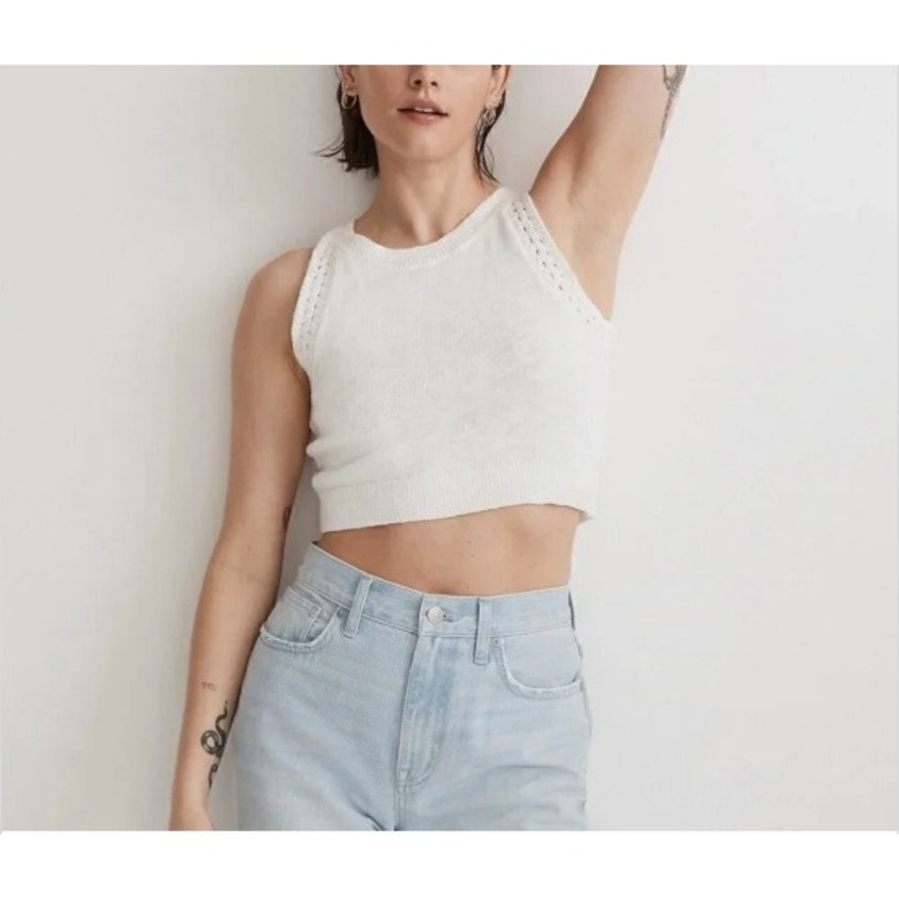 Madewell Crochet-Trim Crop Sweater Tank Lighthouse White XXS NWT Peasant Coastal